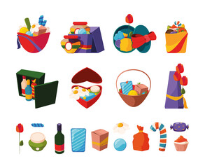 Gifts collection. Holiday presents in cardboards with ribbons decoration garish vector gifts