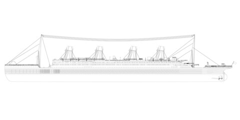 Outline of a large passenger ship from blue lines isolated on a white background. Side view. Vector illustration.