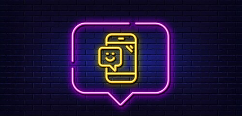 Neon light speech bubble. Smile phone line icon. Positive feedback rating sign. Customer satisfaction symbol. Neon light background. Smile glow line. Brick wall banner. Vector
