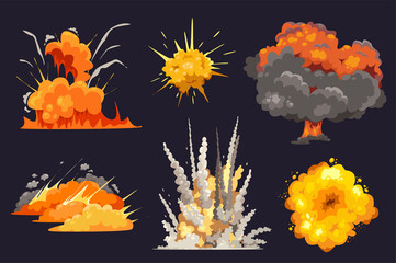 Fototapeta na wymiar Bomb explosions with smoke clouds in cartoon style set isolated elements. Bundle of red and orange flame detonation effects in different shapes, dynamite danger. Vector illustration in flat design
