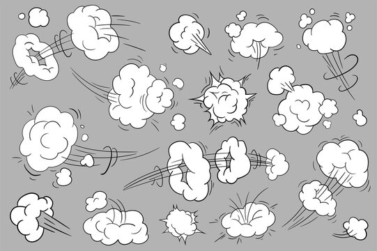 Motion effects in cartoon style set isolated elements. Bundle of cloud movement effects in comic style with lines to express energy, fast moving or throwing trails. Vector illustration in flat design