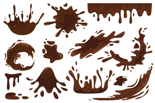 Chocolate splash in cartoon style set isolated elements. Bundle of sweet dark chocolate, melt dessert blots, flowing cocoa product and drops in different shapes. Vector illustration in flat design