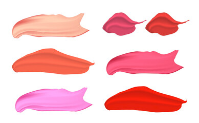 Smears lipstick set, isolated on white background. Beauty and cosmetics colorful collection, brush stroke. Template, card. Hand drawn elements, Vector illustration