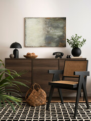 The stylish compostion at living room interior with mock up, wooden commode, rattan chairs and...