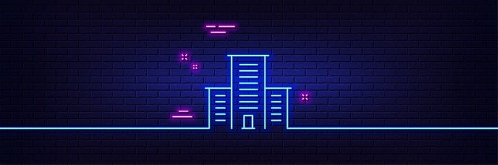Neon light glow effect. University campus line icon. Apartments sign. Architecture buildings symbol. 3d line neon glow icon. Brick wall banner. University campus outline. Vector