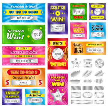 Scratch cards. Ads or lottery tickets templates with scratching texture recent vector pictures set