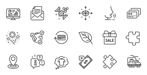 Outline set of T-shirt, Fireworks and Analytics graph line icons for web application. Talk, information, delivery truck outline icon. Include Rejected payment, Chemistry dna, Sale offer icons. Vector