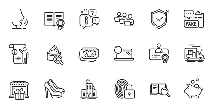 Outline set of Piggy bank, Search book and Loyalty points line icons for web application. Talk, information, delivery truck outline icon. Vector
