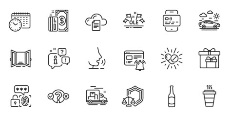 Outline set of Quiz test, Medical drugs and Calendar time line icons for web application. Talk, information, delivery truck outline icon. Include Delivery boxes, Ole chant, Beer icons. Vector