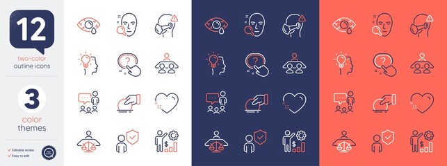 Set of Court judge, Donate and Security line icons. Include Face search, Idea, Interview job icons. Heart, Question button, Ð¡onjunctivitis eye web elements. Medical mask. Bicolor outline icon. Vector