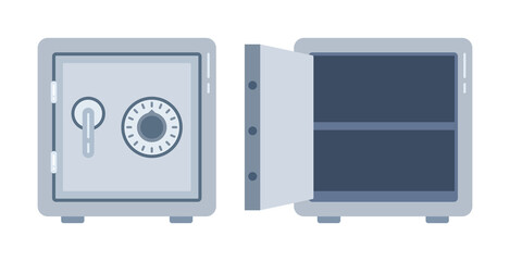Two bank safes, one closed the other open and empty. Vector illustration. - obrazy, fototapety, plakaty