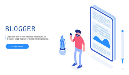 Blogging concept. Man writes a post for his blog. Isometric vector.
