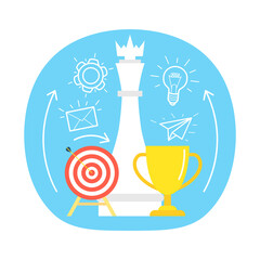 Business strategy. A set of icons of a chess king, target, golden cup. Vector illustration..