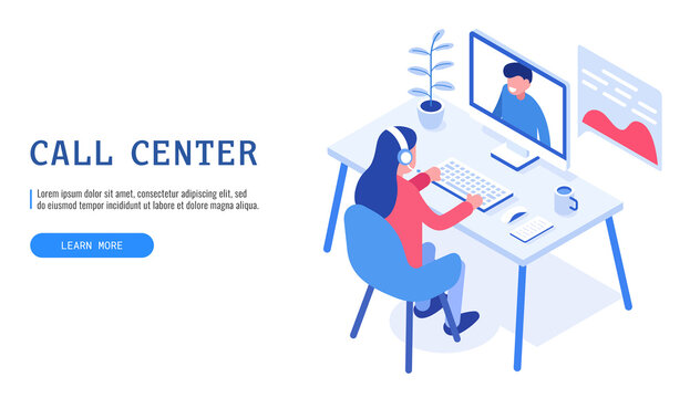 Concept of call center. Female operator communicates with a client. Isometric vector illustration.