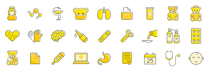 Outline colorful icons set. Pediatric hospital clinic and medical care. Vector.