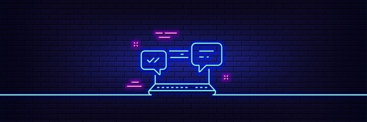 Neon light glow effect. Internet Messages line icon. Chat or Conversation sign. Computer communication symbol. 3d line neon glow icon. Brick wall banner. Internet Chat outline. Vector