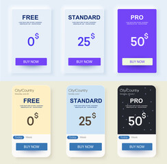 Vector pricing table template. Comparison pricing list, services cost table. Monthly subscription.