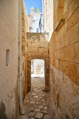 A small street between the old houses of Polignano a Mare. medieval town in the Puglia region in Italy.