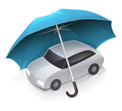 Car under a blue umbrella on a road representing insurance protection on white background
