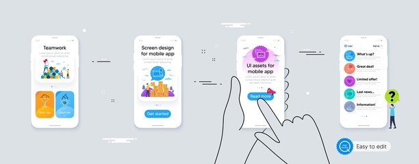 Set of Car travel, Delivery and Love letter line icons. Phone ui interface. Include Heart flame, Fireworks, Photo album icons. Call me, Discounts chat, Ice cream web elements. Vector
