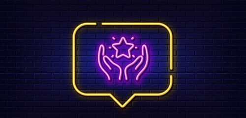 Neon light speech bubble. Ranking line icon. Holding star sign. Best rank symbol. Neon light background. Ranking glow line. Brick wall banner. Vector