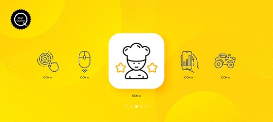 Fototapeta na wymiar Tractor, Analysis app and Cogwheel settings minimal line icons. Yellow abstract background. Scroll down, Best chef icons. For web, application, printing. Vector