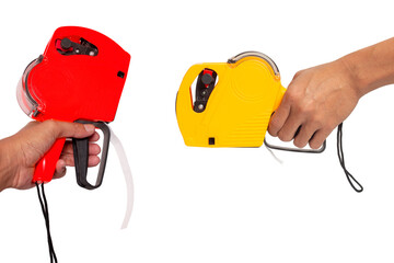 Hand holding red and yellow shop pricing gun isolated on a white background. Copy space