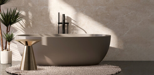Realistic 3D render modern luxury matt brown ceramic bathtub, black faucet set, golden stylish side...