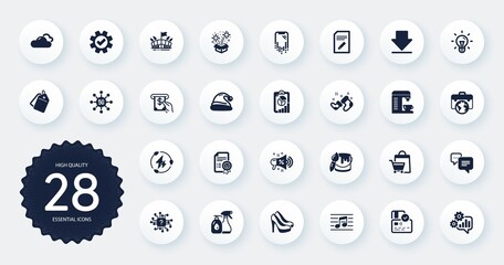 Set of Business icons, such as Dots message, Idea and Smile flat icons. Sale megaphone, Musical note, Coffee machine web elements. Service, Green electricity, Edit document signs. Vector