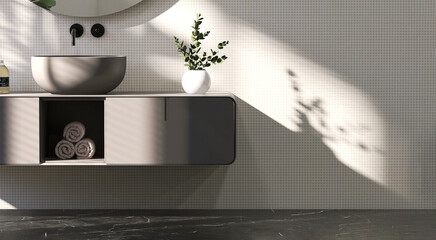 Realistic 3D render, modern round matt gray ceramic wash basin with black faucet on vanity unit. Blank empty space for products display, Morning sunlight, Background, Templates, Countertop, Plants