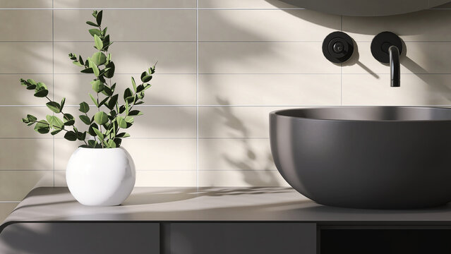 Realistic 3D render, modern round matt gray ceramic wash basin with black faucet on vanity unit. Blank empty space for products display, Morning sunlight, Background, Templates, Countertop, Plants