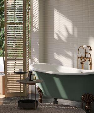 Realistic 3D render a stylish modern classic bathroom with classic luxury bathtub and golden faucets and side table, wooden bifold doors blinds, Sunlight and beautiful leaves shadow on mosaic wall.