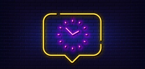 Neon light speech bubble. Time management line icon. Clock sign. Watch symbol. Neon light background. Time glow line. Brick wall banner. Vector