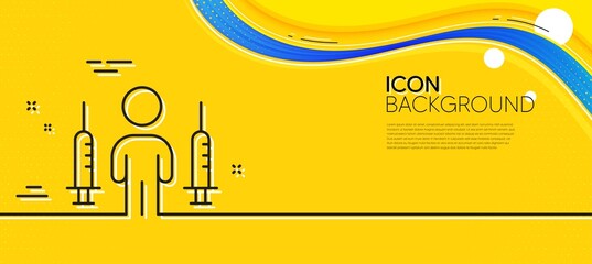 Coronavirus two injections line icon. Abstract yellow background. Corona vaccine syringe sign. Covid jab symbol. Minimal coronavirus injections line icon. Wave banner concept. Vector - obrazy, fototapety, plakaty