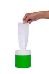 Man hand pulling a tissue out of plastic green round box isolated on white background.