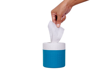Man's hand pulling Tissue from Blue Plastic Round  Box isolated on white background.