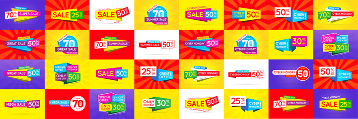 Big Set of Sale Signs, Banners, Posters, Cards. Vector. Black Friday, Cyber Monday..