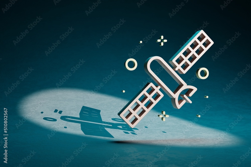 Poster beautiful abstract illustrations satellite symbol icon on a dark blue background. 3d rendering illus