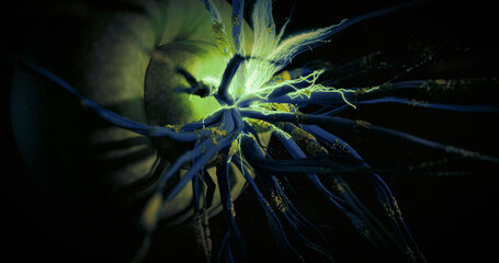 Abstract living microorganism. Abyssal monster. Anemone-like creature with bright tentacles. 3D render