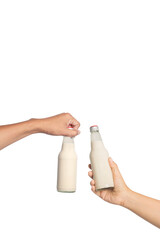 Women and Man hand holding Bottles of milk isolated on white background 