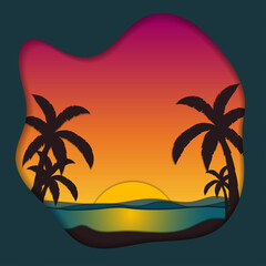 vector illustration in the form of a postcard made of cut paper. sunset, palm trees and the ocean.
