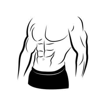Muscular body of young man vector isolated. Muscled male torso with abs. Fitness logo.