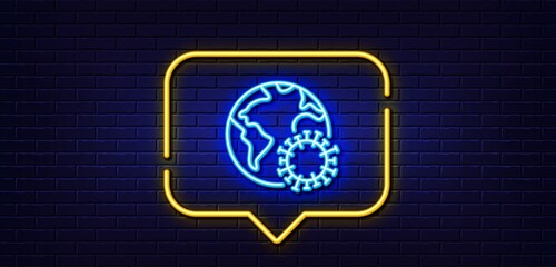 Neon light speech bubble. Coronavirus pandemic line icon. Covid-19 global virus sign. Corona virus symbol. Neon light background. Coronavirus glow line. Brick wall banner. Vector