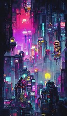 Cyberpunk neon city street at night. Futuristic city scene in a style of pixel art. 80's wallpaper. Retro future 3D illustration. Urban scene.	