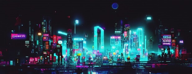Fototapeta na wymiar Cyberpunk neon city street at night. Futuristic city scene in a style of pixel art. 80's wallpaper. Retro future 3D illustration. Urban scene. 