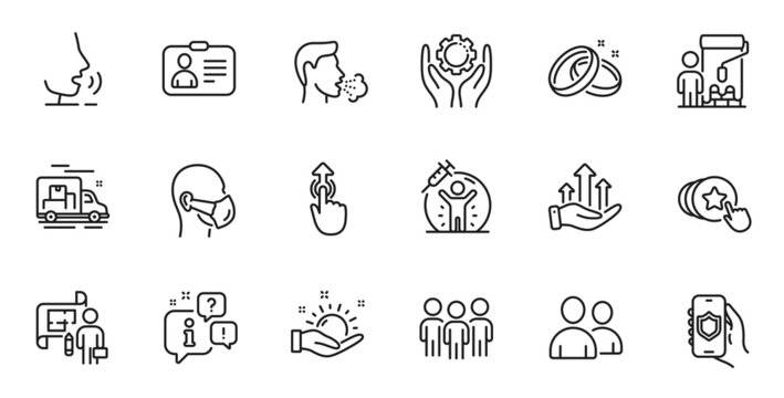Outline set of Plan, Medical mask and Sunny weather line icons for web application. Talk, information, delivery truck outline icon. Include Swipe up, Hold heart, Painter icons. Vector