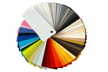 Color guide displaying a range of hues for use in interior design and decoration. Colorful color guide with palette of paint samples on white background with copy space. Catalog for tinting