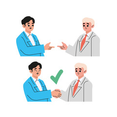 Business person shaking hands with business partners, trendy creative office worker concluding an agreement. Flat vector illustration isolated on white background.