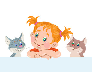 Cute little girl and two funny kittens. In cartoon style. Isolated on white background. Vector flat illustration.