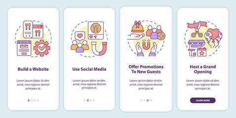 Advertising restaurant onboarding mobile app screen. Use social media walkthrough 4 steps editable graphic instructions with linear concepts. UI, UX, GUI template. Myriad Pro-Bold, Regular fonts used